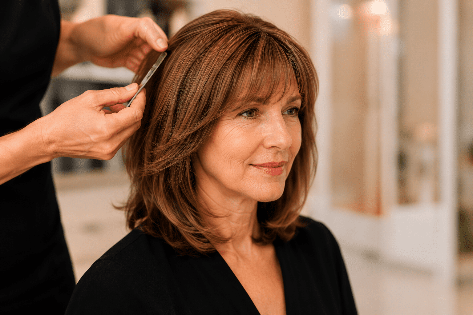 Friseurin passt eine moderne Perücke individuell an eine Kundin an