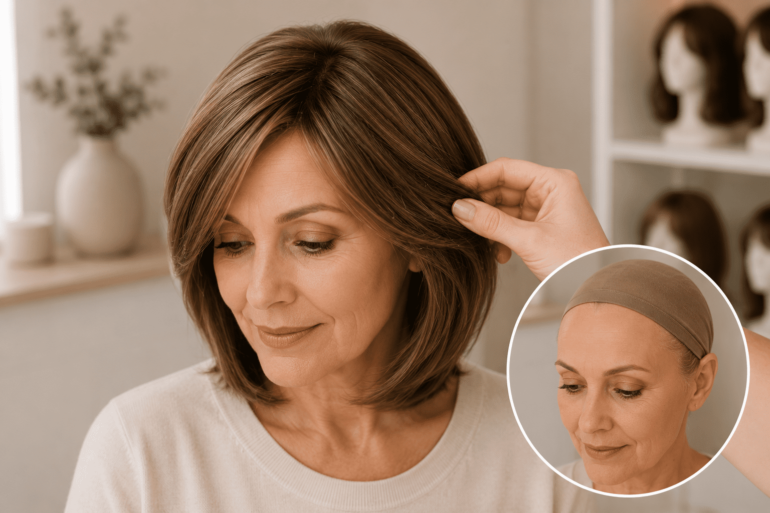 Friseurin berät Kundin zu moderner Perücke und individuellem Haarersatz